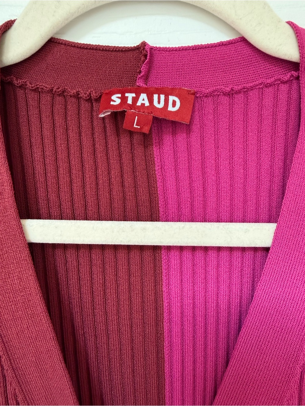 STAUD Shoko Colorblock Two-Tone Red and Pink Ribbed Button-Front Midi Dress - Picture 4 of 5